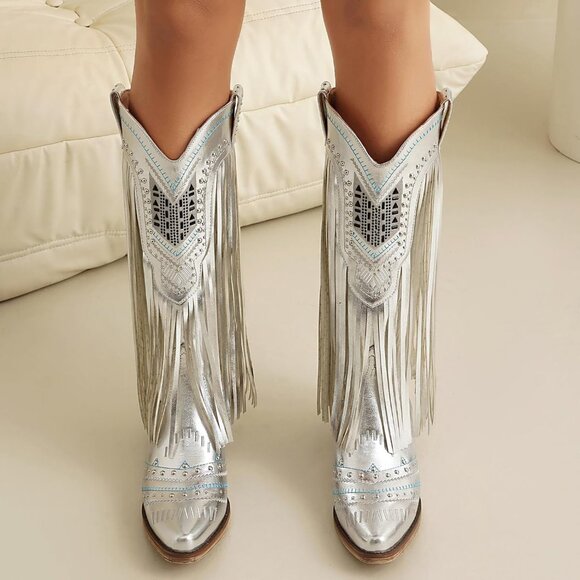 Women's Silver Wide Calf Embroidered Tassal Cowgirl Boot Knee High Snip Toe - Picture 4 of 6